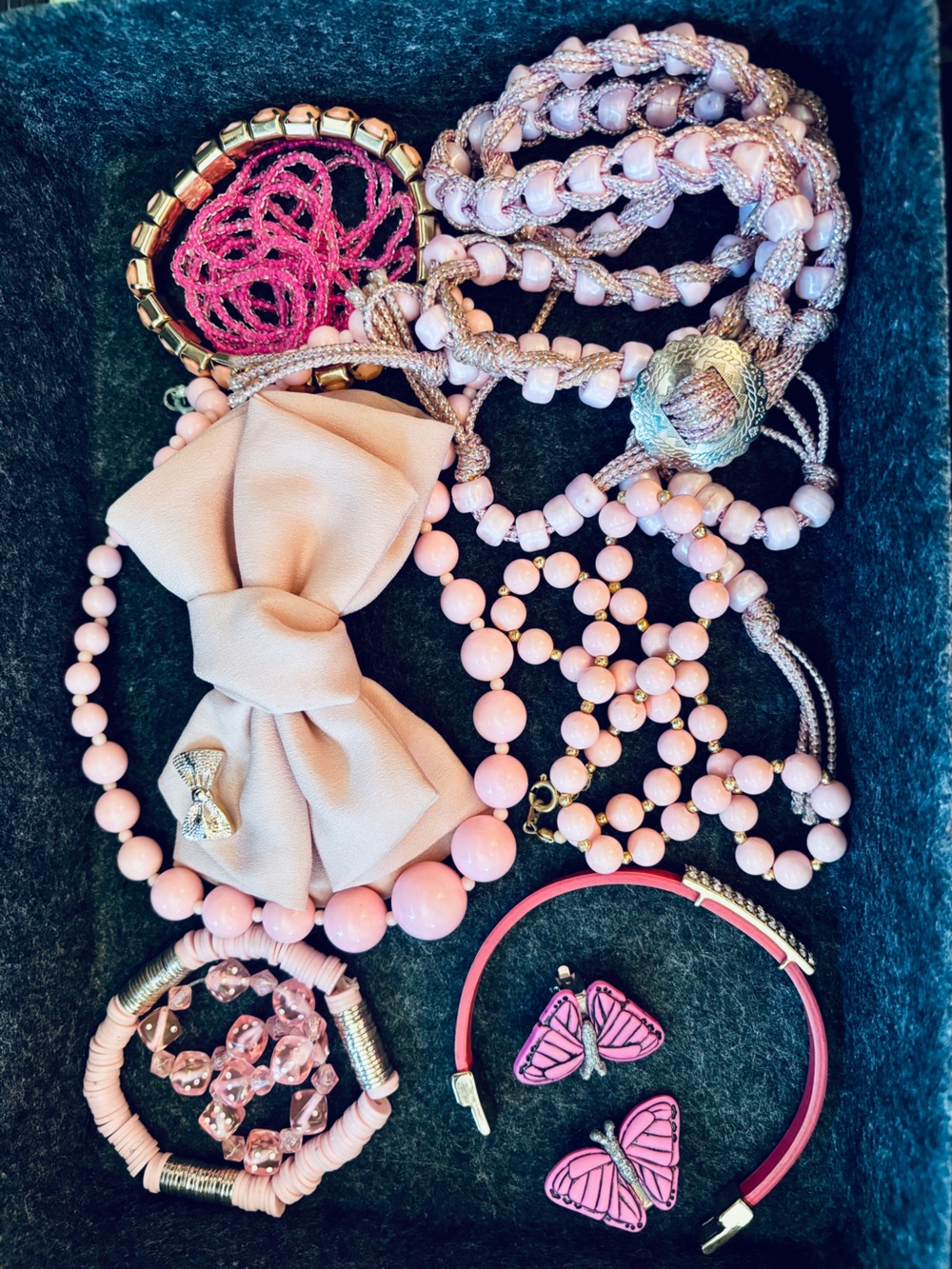 Pink Themed Jar with Necklaces, Earrings, Bracelets, Jewelry Hair Bow